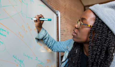 a person writing on a whiteboard