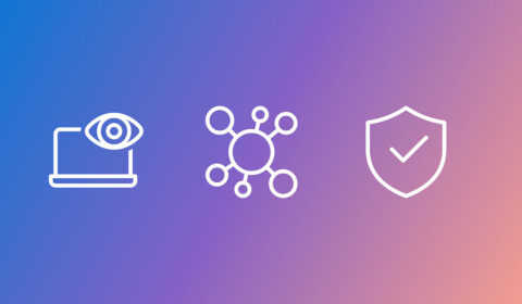 AsgardBench | three whit icons on a blue to purple gradient background | first icon shows a laptop screen with a eye in the upper right corner, second icon shows relational nodes | third icon is a security shield with a checkmark