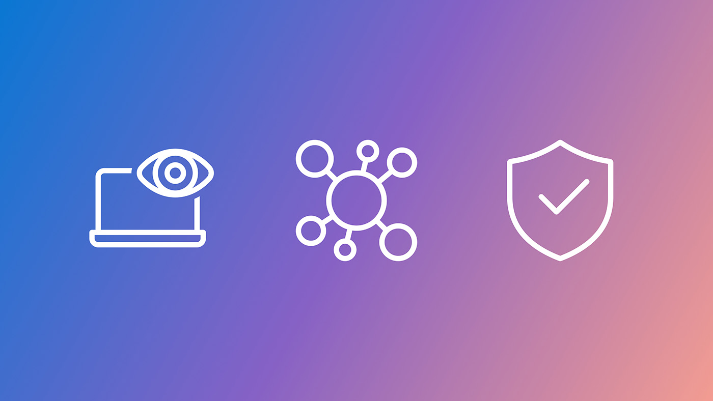 AsgardBench | three whit icons on a blue to purple gradient background | first icon shows a laptop screen with a eye in the upper right corner, second icon shows relational nodes | third icon is a security shield with a checkmark