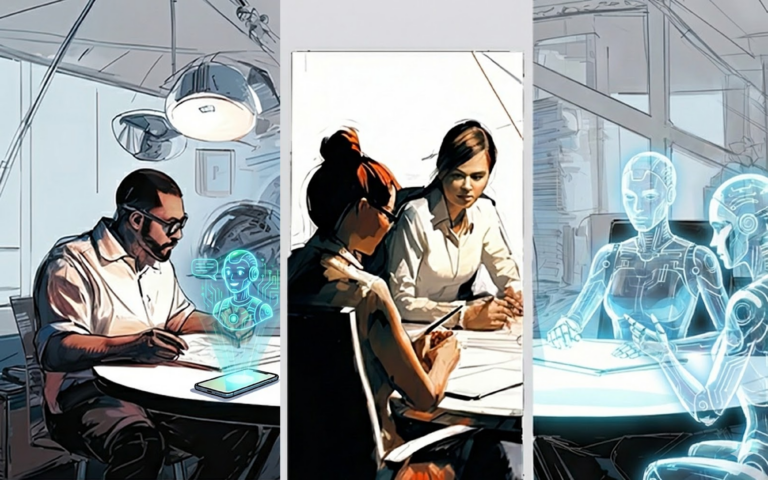 Sketch of humans and synthetic humans share a work table.