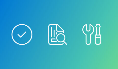 ADeLe | Three white line icons, showing a circle with a checkmark, a search document, and a set of tools, on a blue‑to‑green gradient background.