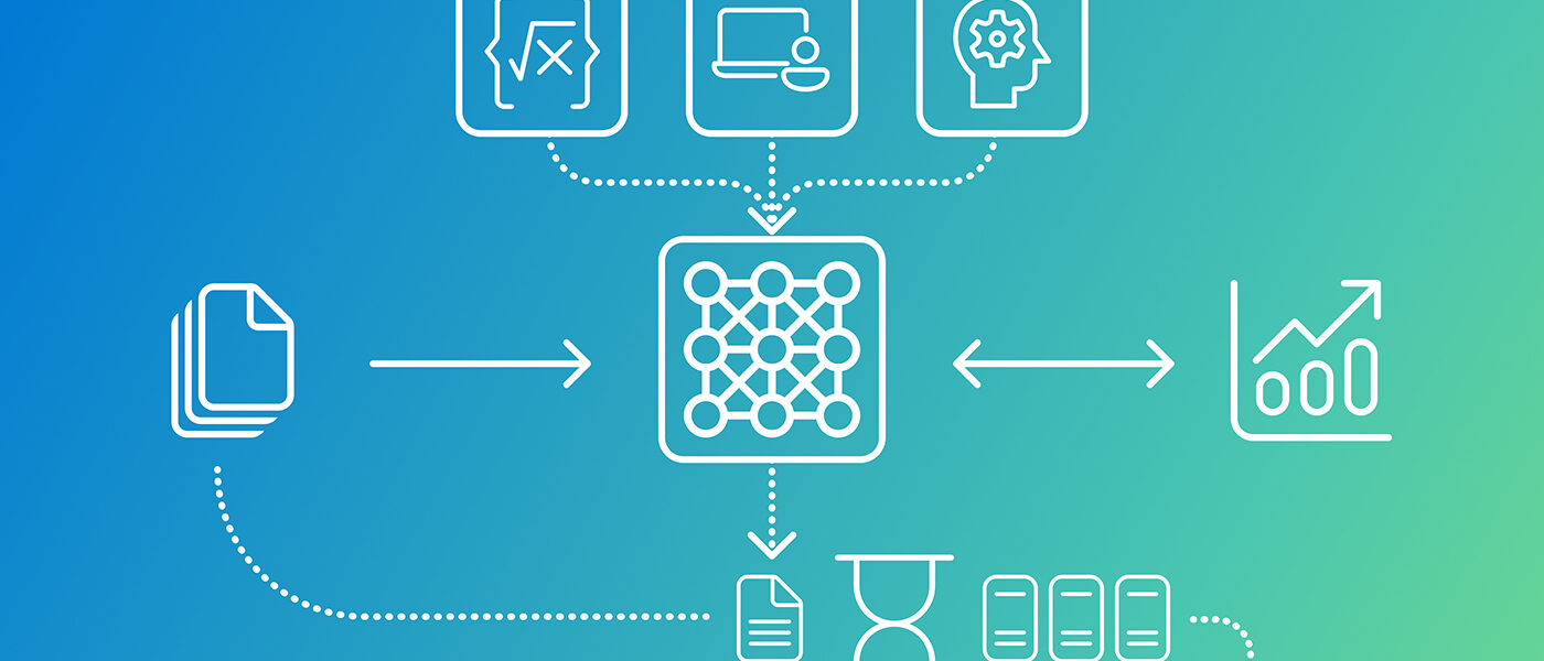 White line icons against a blue-green gradient background form an architecture flow chart. In the middle of the chart is a three-by-three matrix of circles and lines within a round-edge square. Above the matrix, three icons in a row – an equation, a person using a desktop, and a head with gears flow by dotted lines to the matrix. To the left of the matrix is an icon representing a stack of files with an arrow pointing to the matrix. To the right of the matrix is a graph with a double headed arrow pointing to the matrix and to itself. Below the matrix is an icon representing a document. A dotted line arrow connects this graph to the matrix, showing the direction flowing from the matrix to the document. To the right of the document icon is an hourglass icon and three list icons with a dotted line connecting the hourglass to the lists.