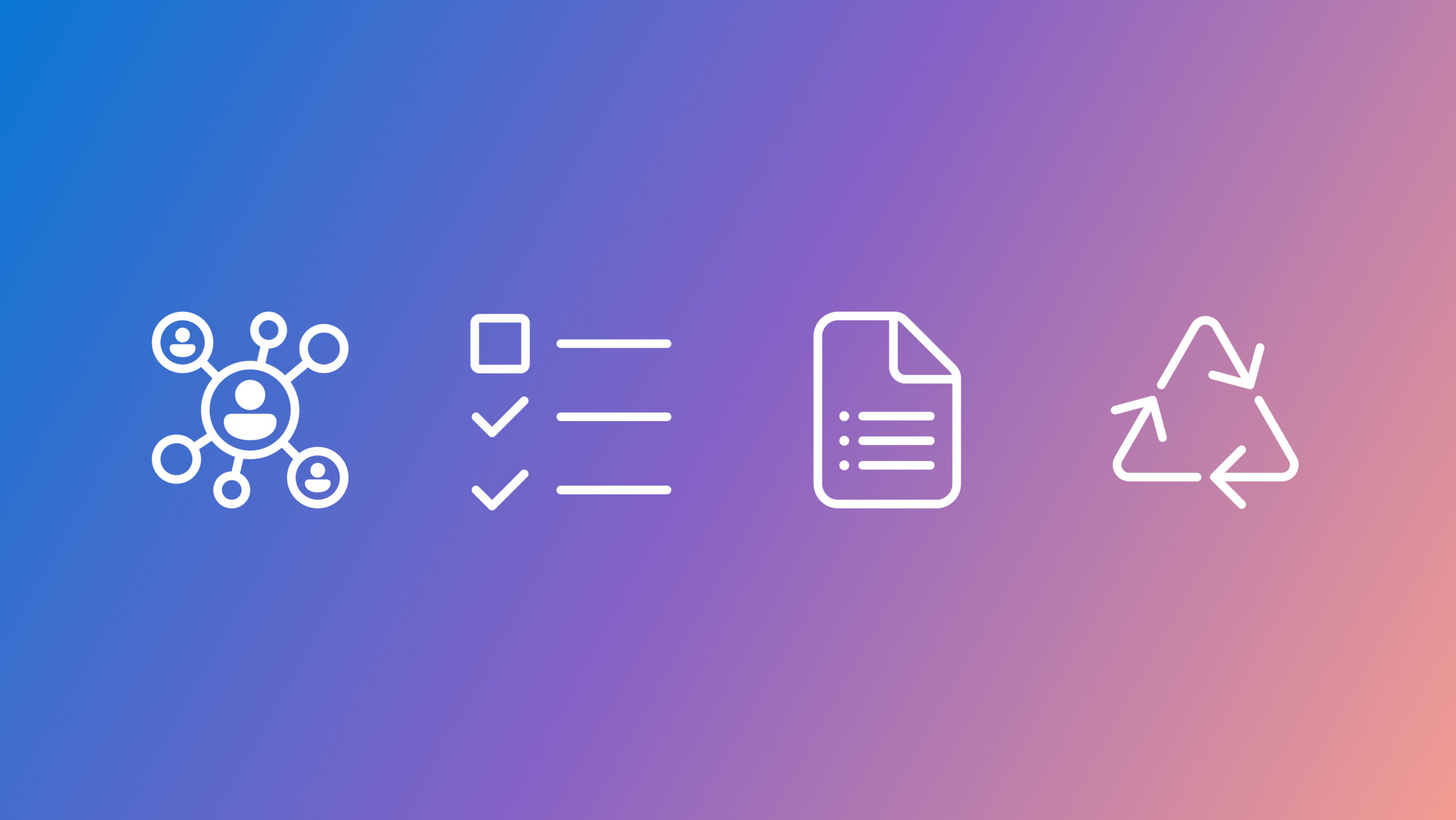 blue and purple gradient background with decorative white icons