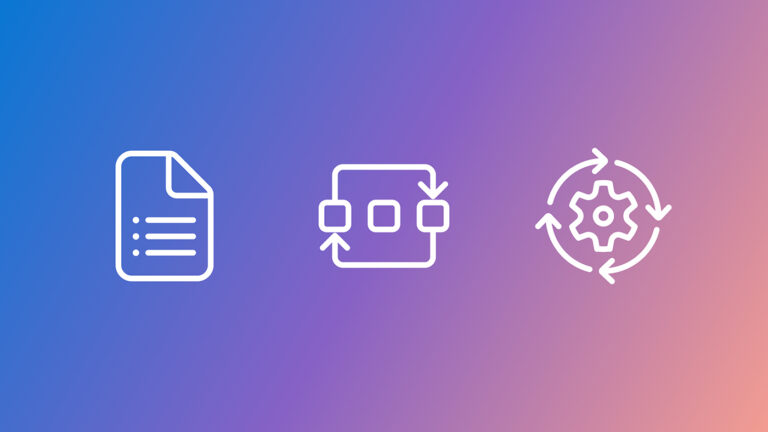 Three white line icons in a row; a document list, a workflow, and process wheel against a blue and purple gradient background.