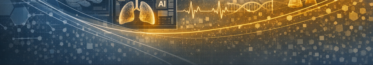 decorative image of a lung scan displayed on a screen with heart monitor and DNA strands