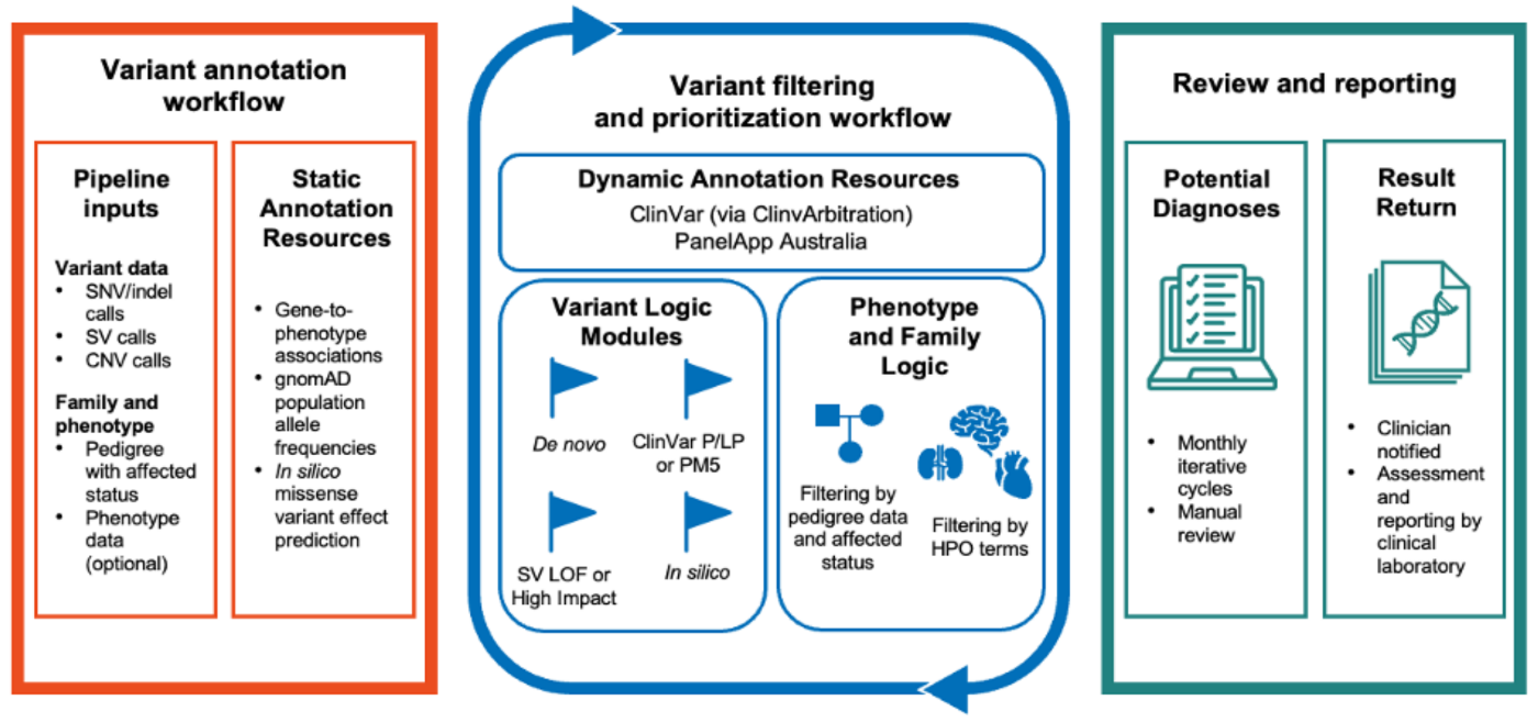 Figure 1 - The Talos workflow showing three stages: static variant annotation, dynamic annotation and variant prioritization/filtering, and reporting to clinical teams.