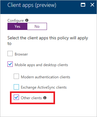 Apply conditional access rules to block client apps using legacy authentication methods.