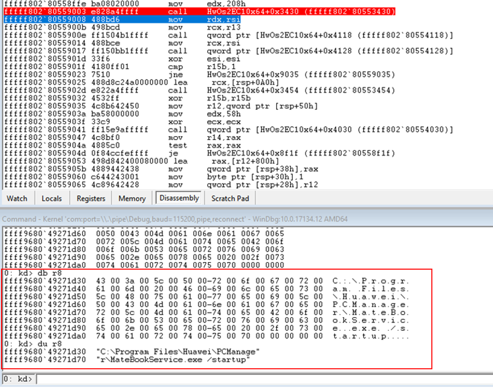 Breakpoint hit on the call to memcpy_s copying shellcode parameters.