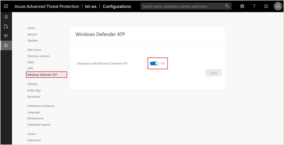 Screenshot showing the Integration with Windows Defender ATP toggle switched to ON.