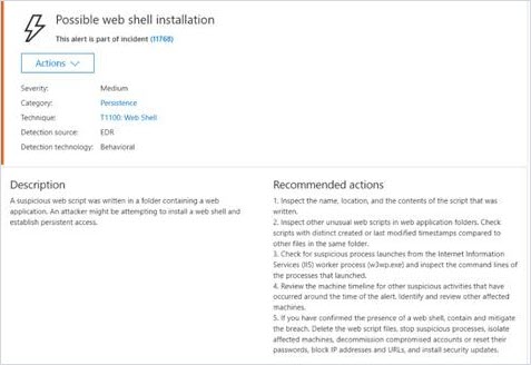 Image showing Microsoft Defender ATP web shell detection.