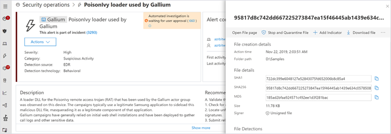 Image showing the GALLIUM PoisonIvy loader in Microsoft Defender ATP.