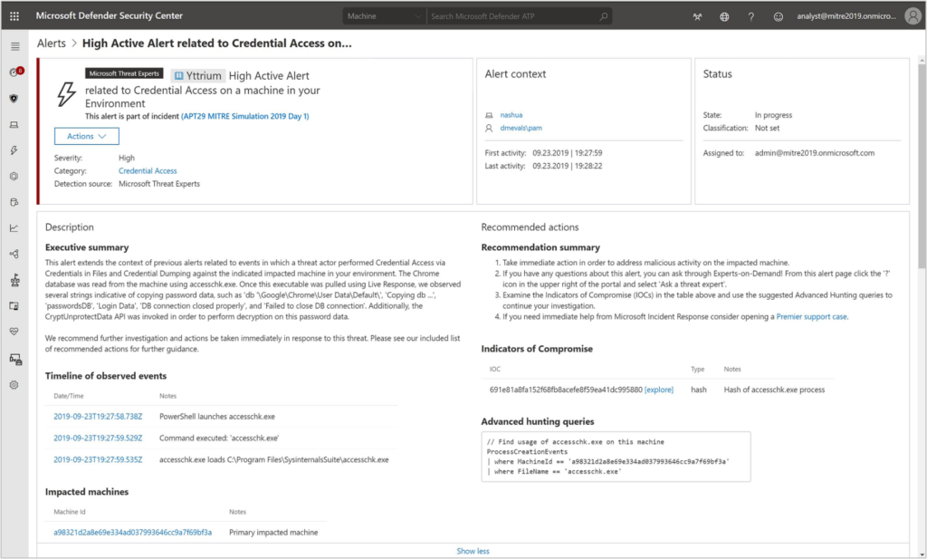 Figure 8: Microsoft Threat Experts alert integrates into the portal and provides hyperlinked rich context.