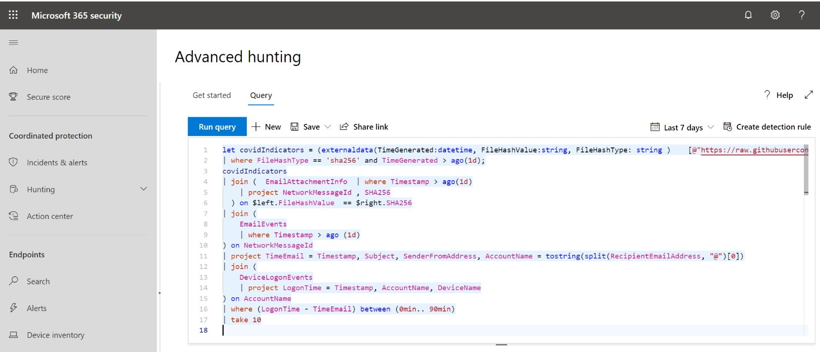 Advanced hunting in Microsoft 365 security.