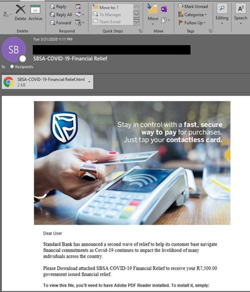 Financial relief phishing email.