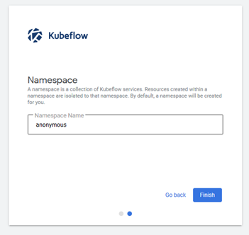 In first access to Kubeflow, the user is prompted to create a namespace.