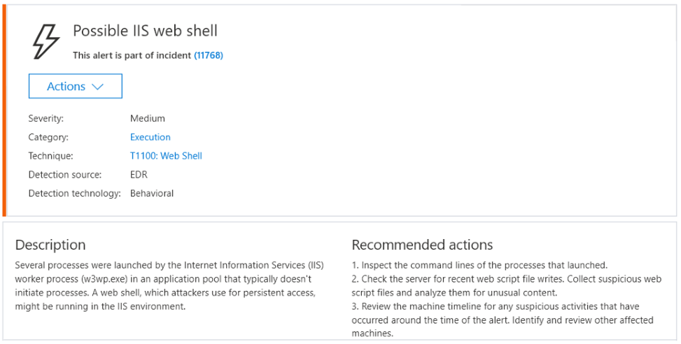Microsoft Defender ATP alerts of suspicious web shell attacks.