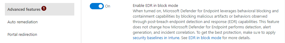 ブロック モードの EDR を有効にできる Microsoft Defender セキュリティ センターの詳細設定のスクリーンショット