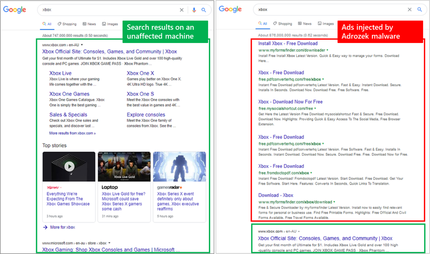Screenshot of search results page on an affected machine and one affected by Adrozed