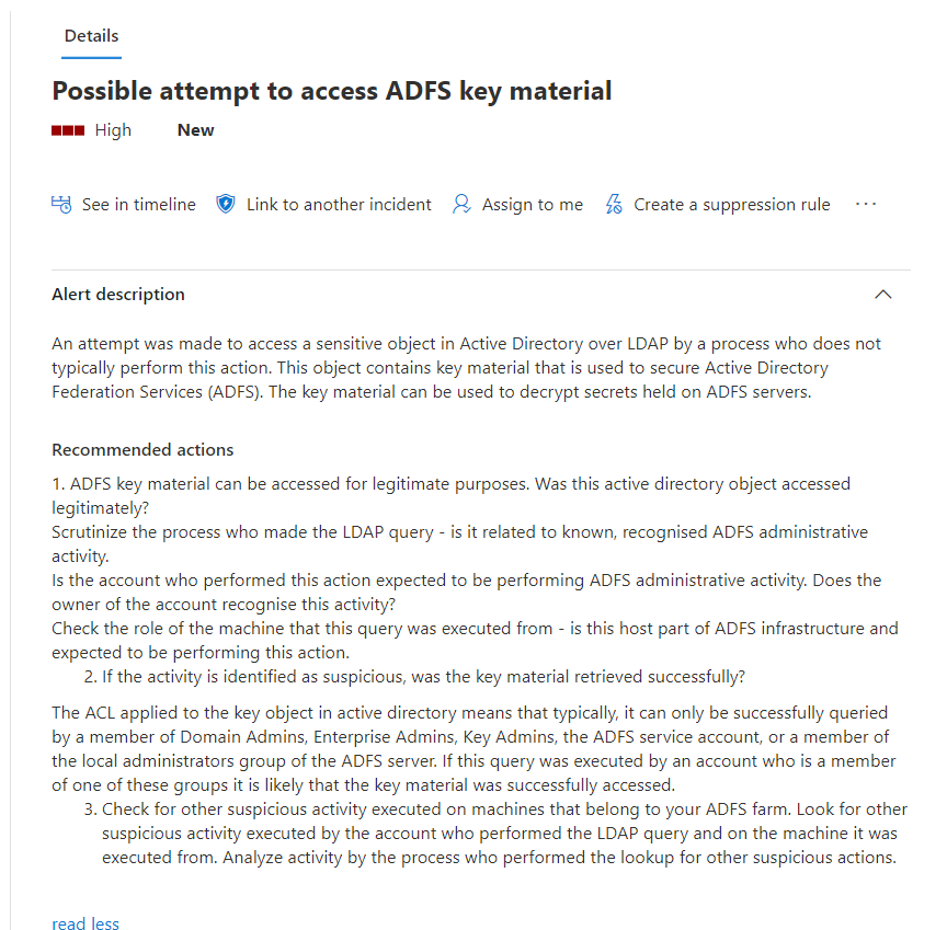 ADFS キー マテリアルにアクセスしようとする可能性があるという Microsoft Defender セキュリティ センターのアラートのスクリーンショット