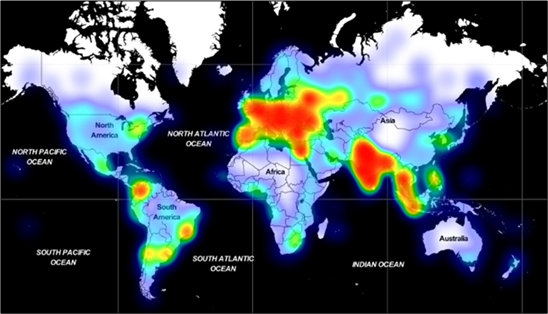 World map showing volume of devices that have encountered Adrozek