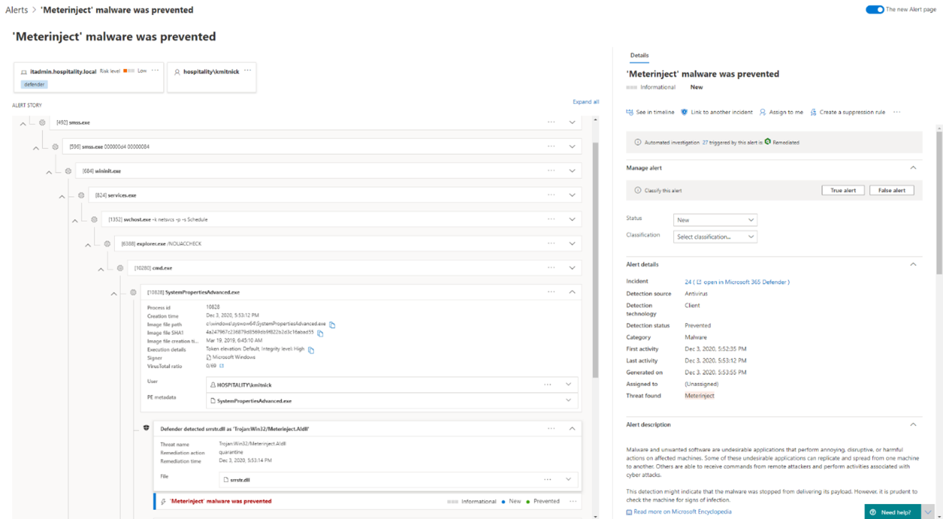 Defender for Endpoint alert page: SystemPropertiesAdvanced.exe attempts to execute code in the illegitimate srrstr.dll and being blocked by Defender for Endpoint.