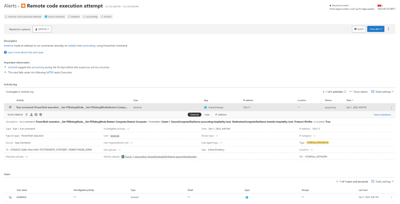 Defender for Identity alert page: Lateral movement using remote code execution from Windows server to endpoint detected by Defender for Identity as a suspicious identity behavior for user kmitnick.