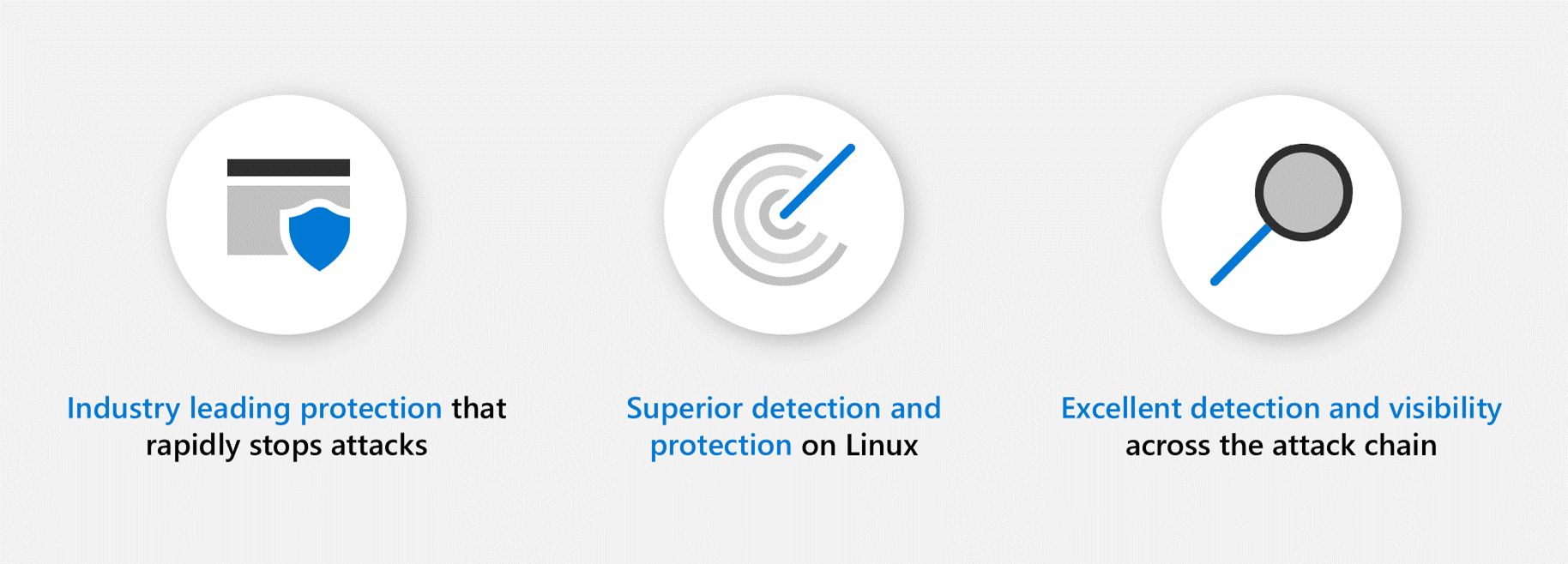 Microsoft が業界をリードする保護、Linux での優れた検出と保護、および接続チェーン全体での優れた検出と可視性を提供していることを示す 3 つの円形のアイコン グラフィック。