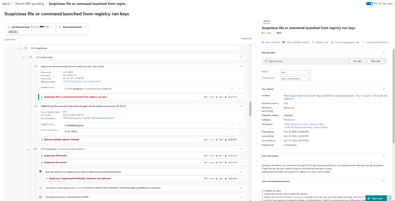 Defender for Endpoint alert page: Lateral movement using remote desktop connection, script execution via Registry run key, and suspicious script execution being detected.