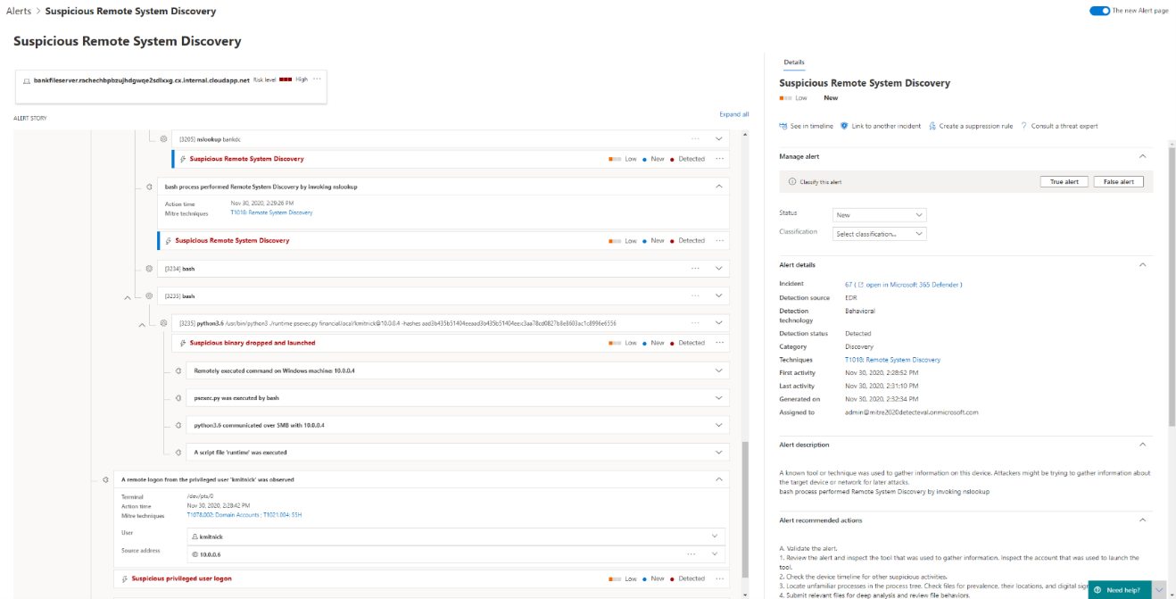 Defender for Endpoint alert page on a Linux device: Lateral movement attack story, from remote system discovery, suspicious login and remote code execution using Python from Linux device to endpoint.