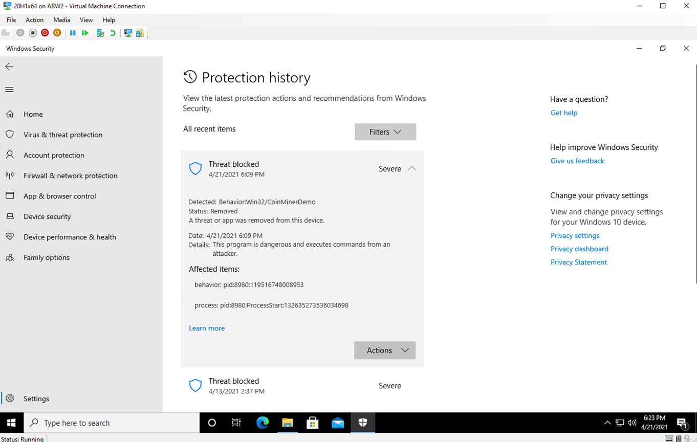コインマイナーの脅威が Intel TDT と Microsoft Defender によってブロックされたことを示す Windows セキュリティ保護履歴画面のスクリーンショット。