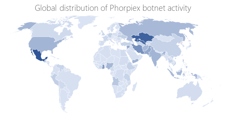 Phorpiex ボットネット活動の世界的な分布を示す世界地図