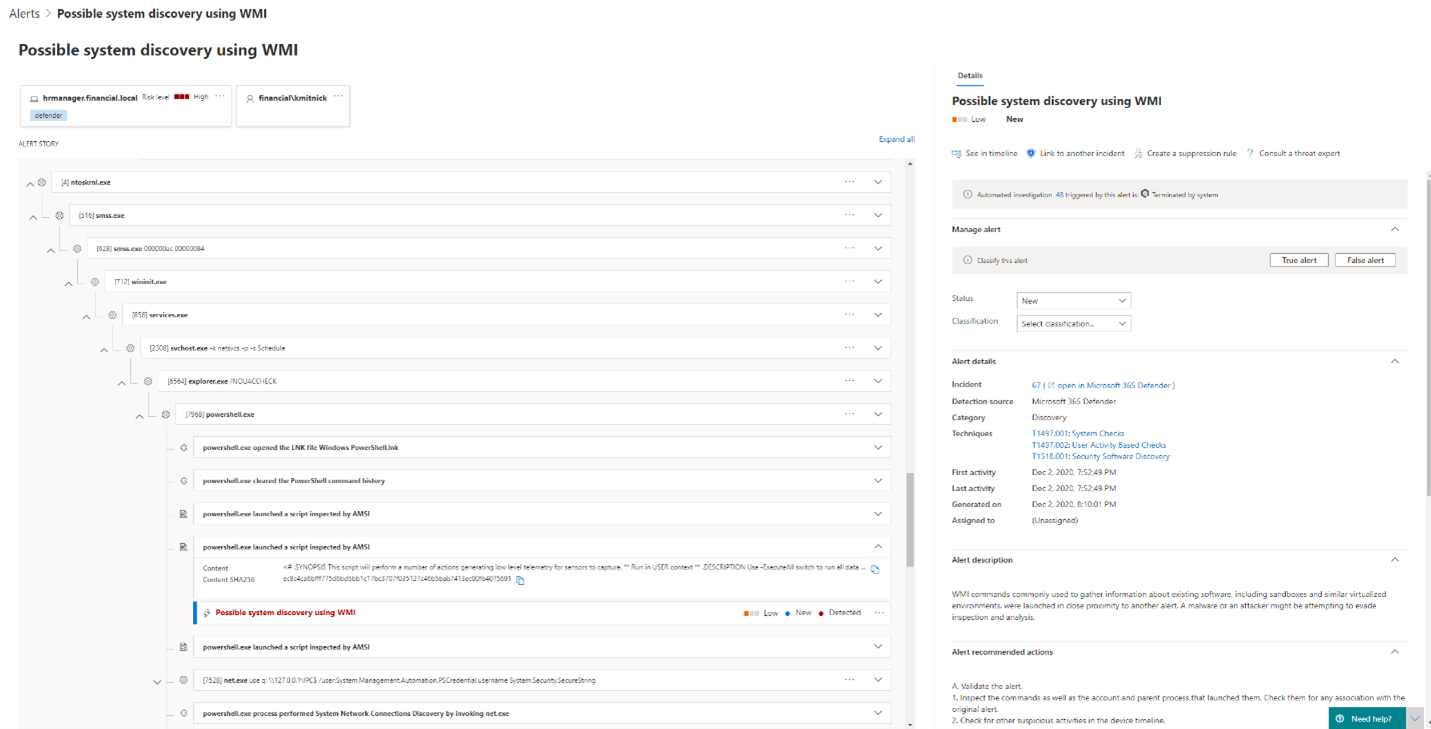 Microsoft 365 security center showing alert on system discovery using WMI. Activity detected by analyzing AMSI content from PowerShell