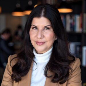 Headshop of woman in white turtleneck and brown blazer