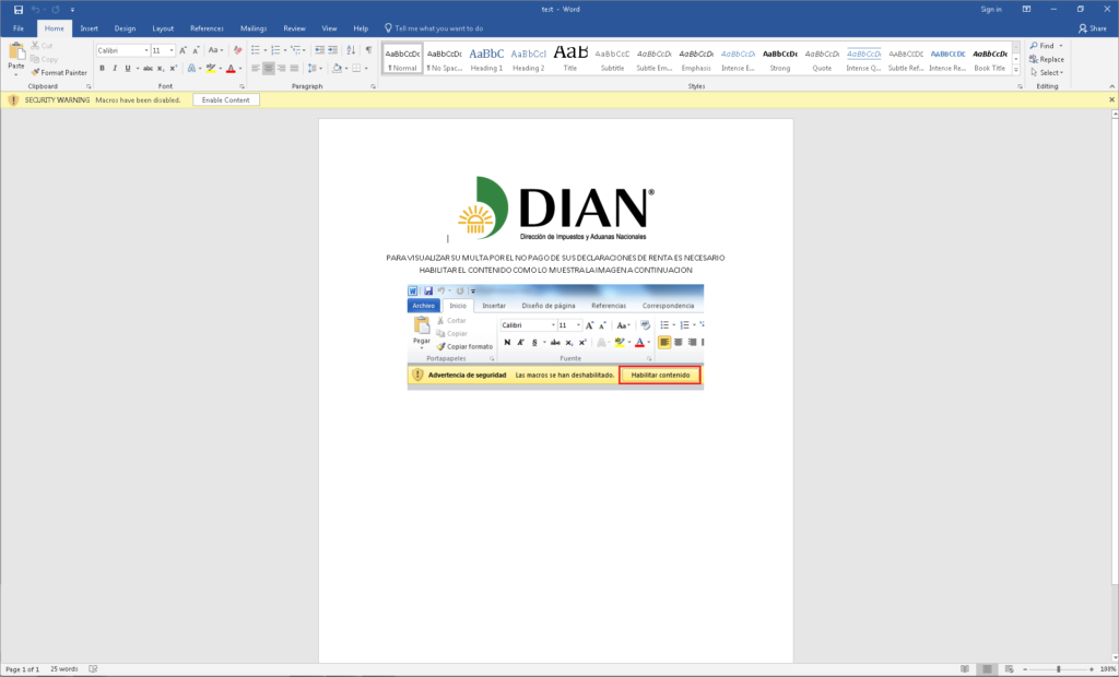 Malicious document with malicious macro code.