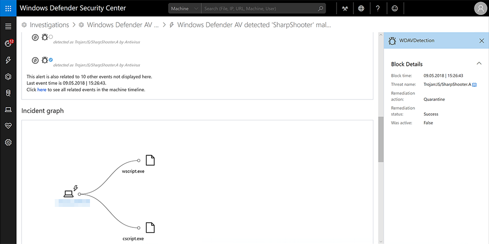 Sample Windows Defender ATP alert showing how detection of the Sharpshooter technique by Windows Defender AV is surfaced in Windows Defender Security Center