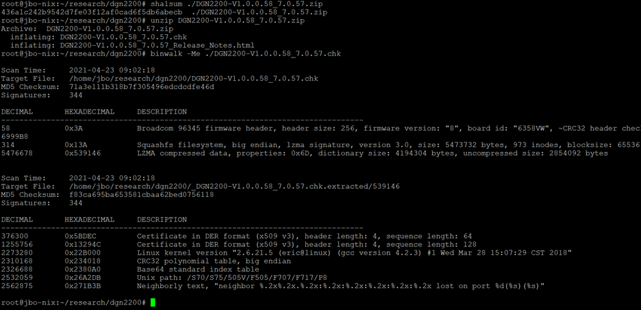 Screenshot of command line showing extraction of filesystem from the firmware