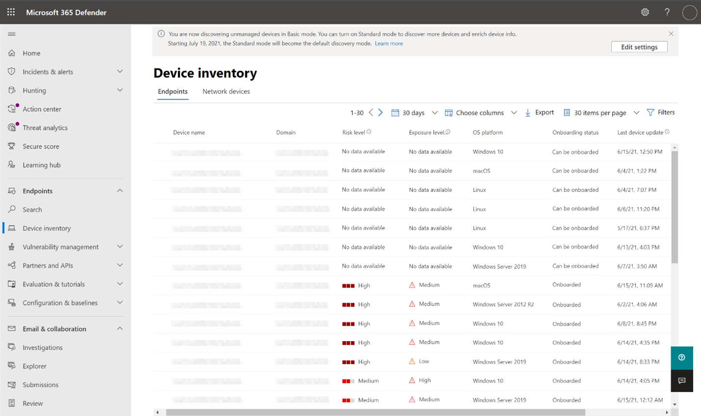 Screenshot of Microsoft 365 Defender showing Device inventory
