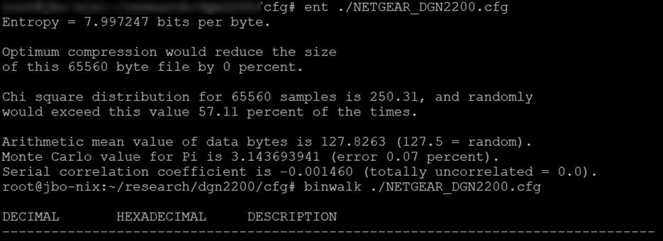 Screenshot of command line showing high-entropy configuration file