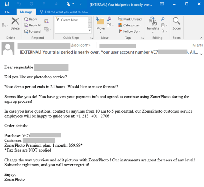 Screenshot of email used in BazaCall campaigns