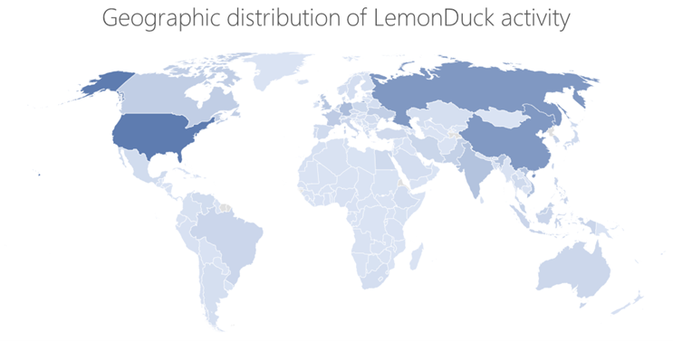 World map showing geographic distribution of LemonDuck activity
