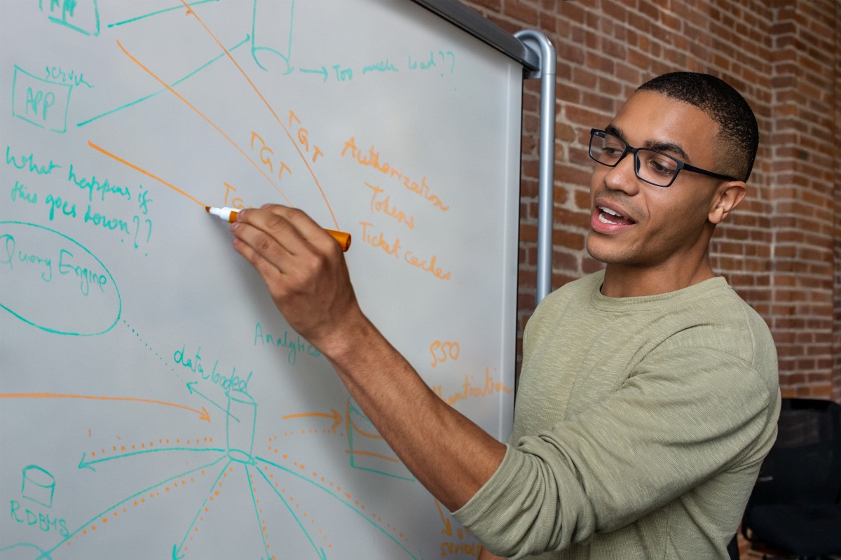 Male developer writes on white board during team stand up meeting.