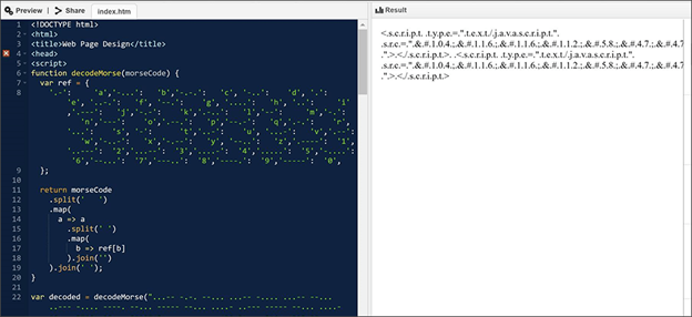 Screenshot of Morse code encoding, side by side with decoded code