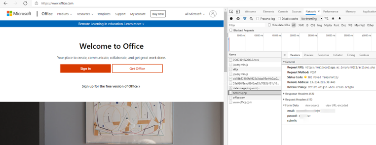 正規の Office 365 Web サイトのスクリーンショット