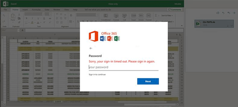 Screenshot of fake Excel file with sign-in dialog box