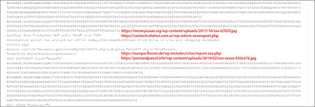 HTML code showing encoded phishing kit domain, with the decoded URLs in overlay