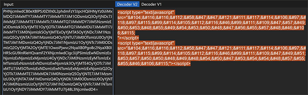 Base64 でエンコードされたコードのスクリーンショットと、デコードされたコードを並べたもの