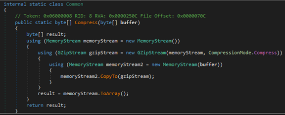 Screenshot of code for GetFrame() invokes the Common.Compress() method