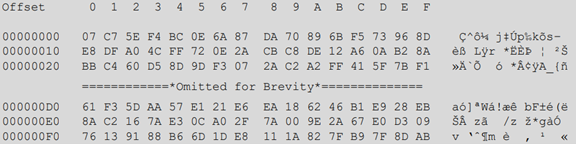 Screenshot of a 256-byte pseudo-randomly generated byte array