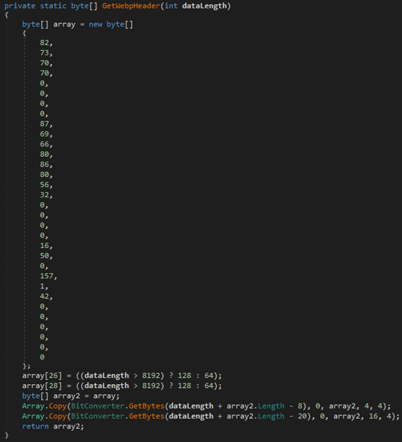 Screenshot of code for GetWebpImage() invoking the Webp.GetWebpHeader() method